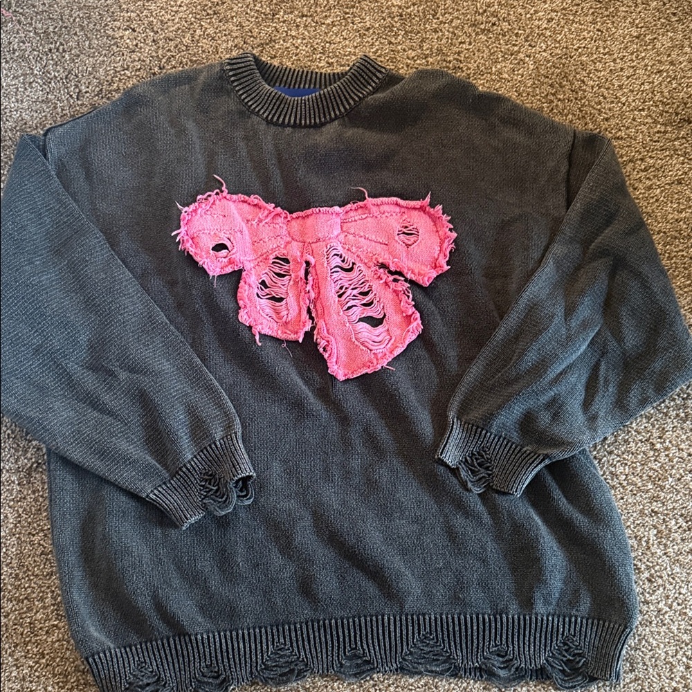 Aelfric Eden Black Crewneck Sweater with Distressed Pink Bow Appliqué
